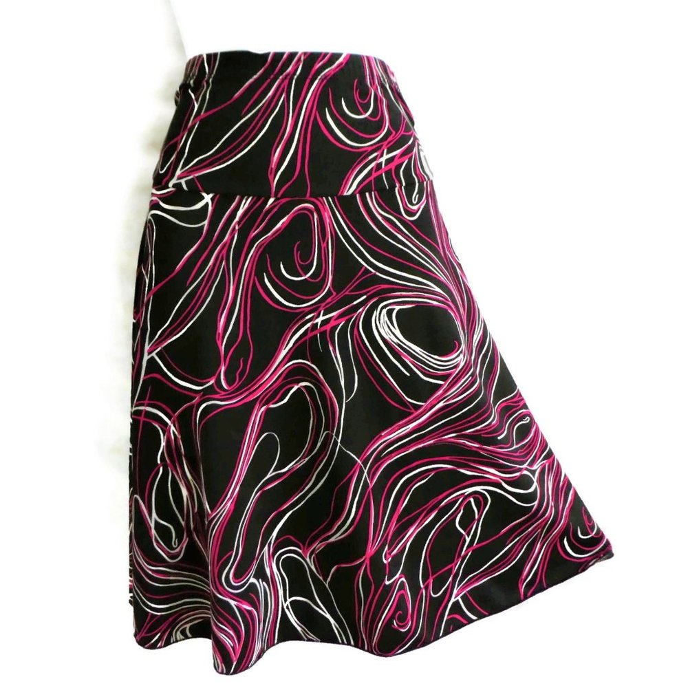 Vintage Skirt Midi Swirls Electric Stretch Wide Tie Back Black Pink Wht Flare L